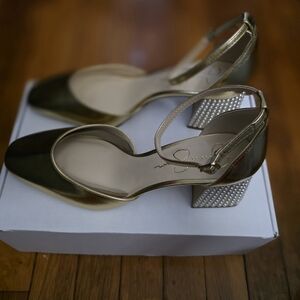 Jessica Simpson Gold Patent Block Heel Sandals with Embellished Heel